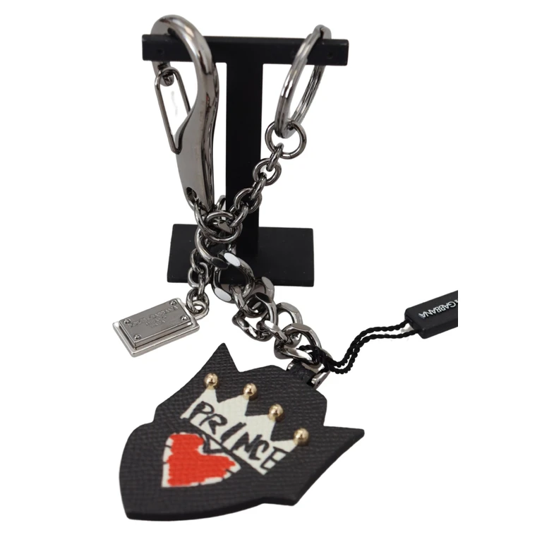 Dolce & Gabbana Black Prince Studs Logo Silver Brass Keychain Zama Accessory - Men