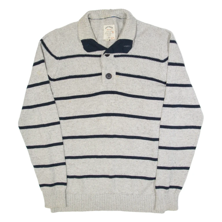 FAT FACE Womens Patterned Jumper Grey Striped Button Neck Tight Knit S