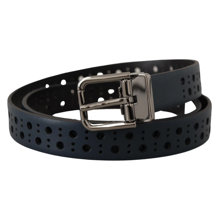 Dolce & Gabbana Navy Blue Perforated Leather Skinny Metal Buckle Belt - Men