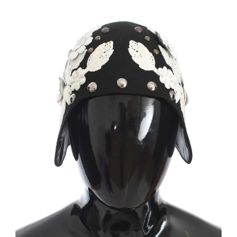 Dolce & Gabbana Black Wool White Floral Gold Leaf Hat - Women