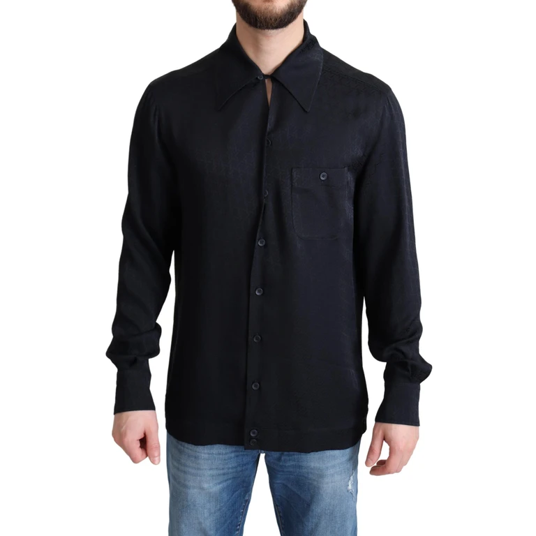 Black Jacquard Silk Casual Button Down Shirt - Men