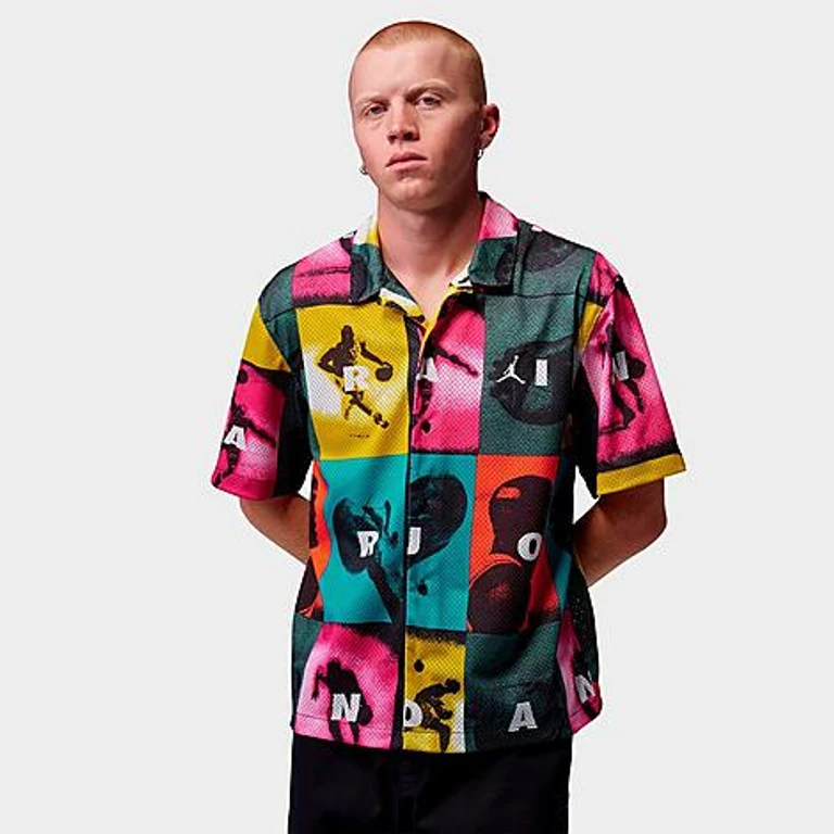 Jordan Men's Brooklyn Graphic Button-Up Camp Shirt in Multi Size: XS