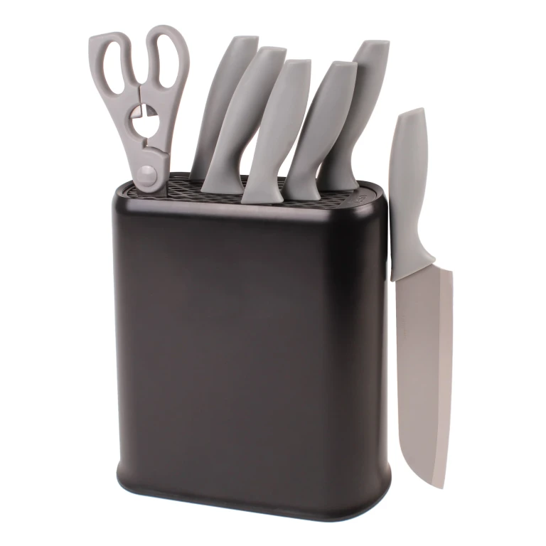 Leo 8Pc Stainless Steel Kitchen Knife Set with Universal Knife Block, Grey