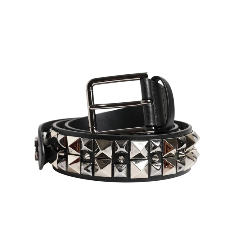 Black Calf Leather Studded Silver Buckle Belt - Men