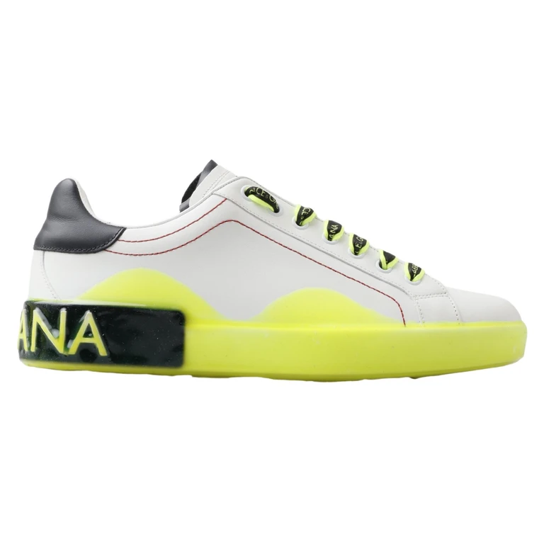 Dolce & Gabbana White Yellow Portofino Leather Sneakers Shoes - Men