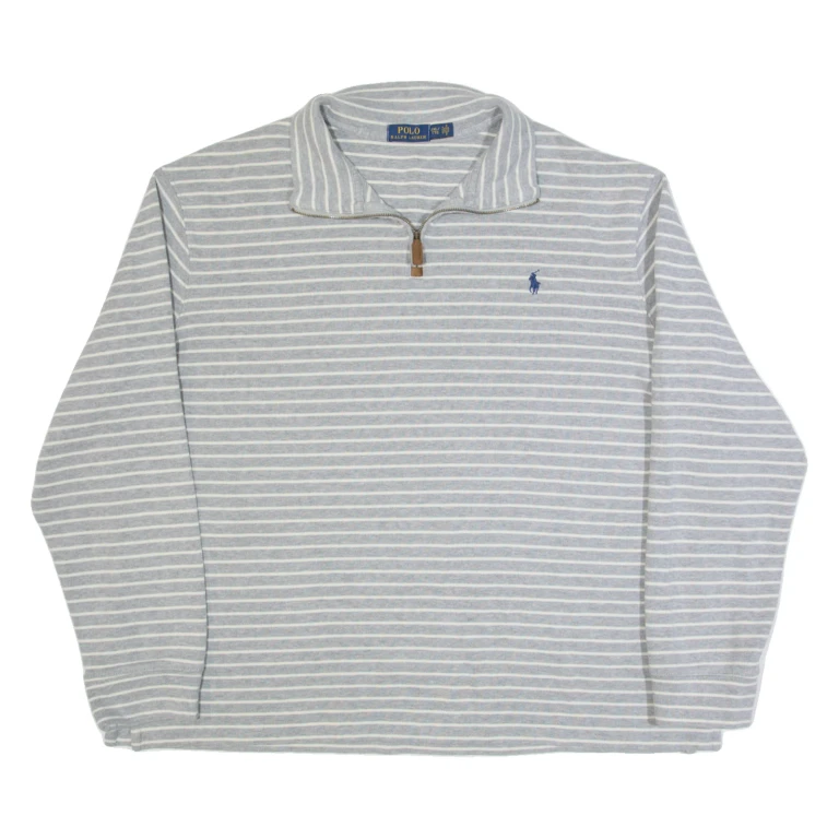 POLO RALPH LAUREN Mens Patterned Jumper Grey Striped 1/4 Zip Tight Knit 2XL