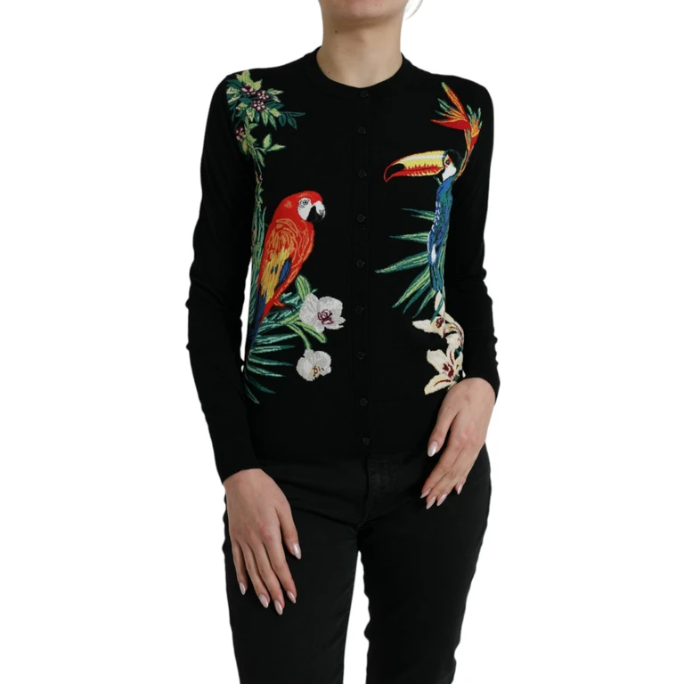 Dolce & Gabbana Black Bird Wool Long Sleeve Cardigan Sweater Virgin Silk Clothing - Women