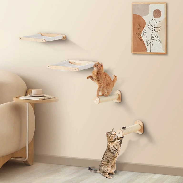 Wall Mounted Cat Shelves with 2 Jumping Posts & 2 Hammocks up to 40 lbs - Multicolor