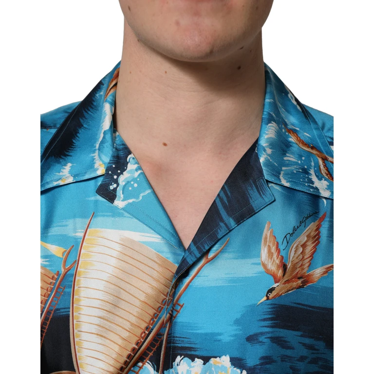 Blue Silk Twill Hawaiian Graphicprint Shirt - Men