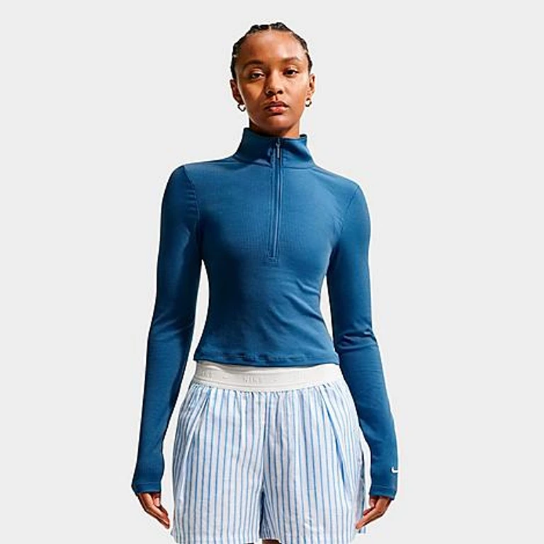 Nike Women's Sportswear Chill Knit Quarter-Zip Long-Sleeve Ribbed Top in Mystic Navy/Sail Size: XS