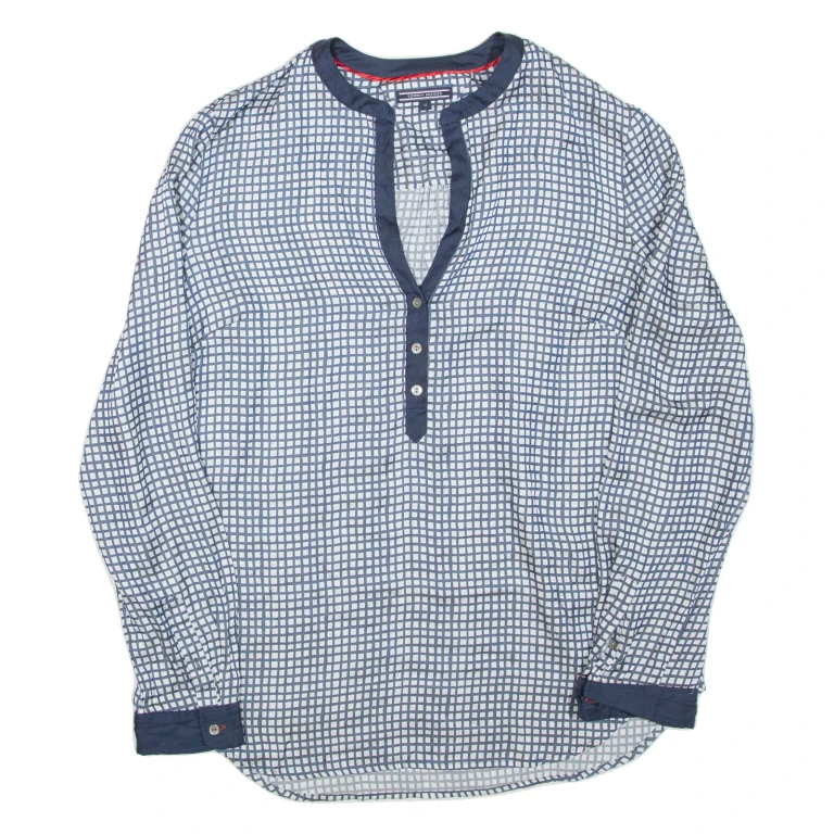TOMMY HILFIGER Womens Printed Blouse Blue V-Neck Long Sleeve Check L