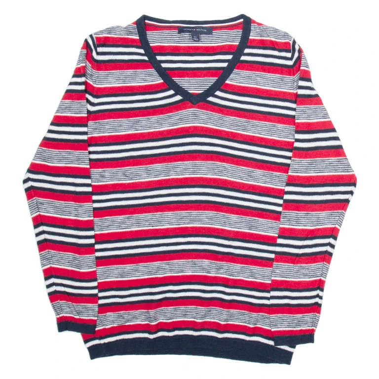 TOMMY HILFIGER Womens Patterned Jumper Red Striped V-Neck Tight Knit L