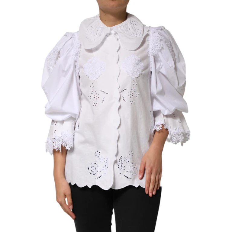 Dolce & Gabbana White Ruffled Lace Embellished Blouse Top Cotton Linen Polyester - Women