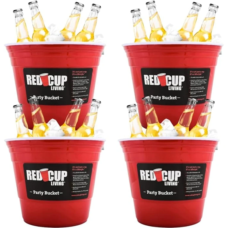 Reusable Red Plastic Ice Bucket for Parties Set of 4 - Large Beverage Tub, Wine Cooler, Beer Bucket, Drink Holder for Indoor/Outdoor Bars, Galvanized Tubs, Father's Day Party Celebration Unbreakable