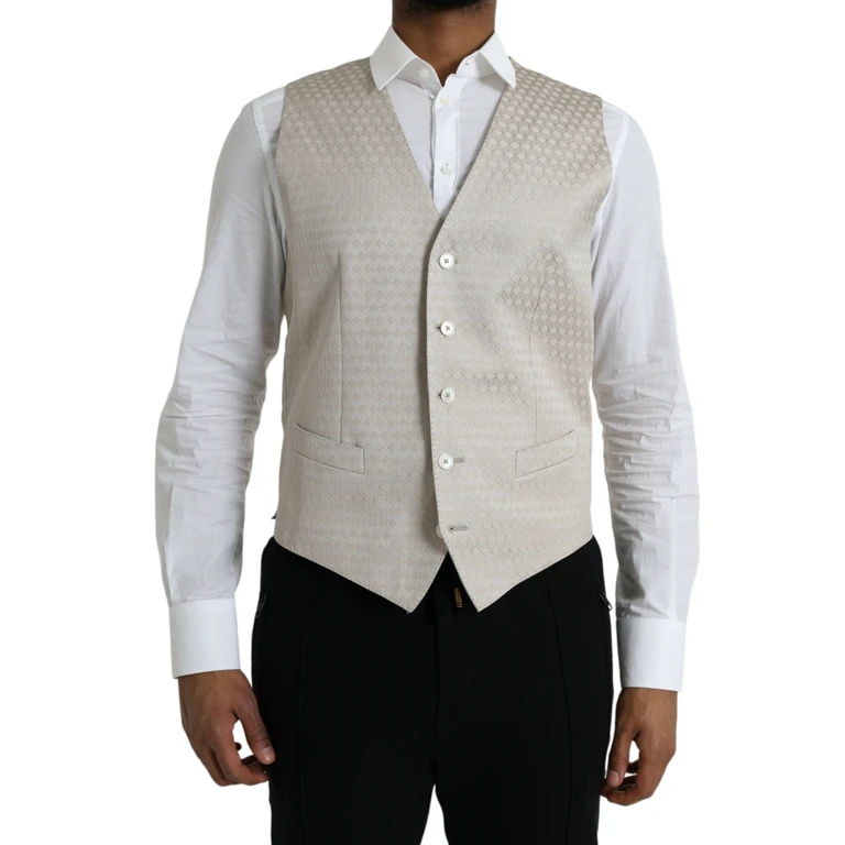 Dolce & Gabbana Off White Cotton Waistcoat Dress Formal Vest Silk Polyester - Men