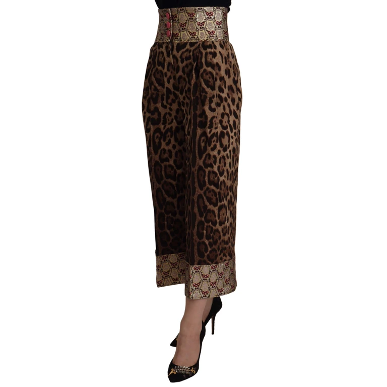Dolce & Gabbana Brown Leopard Gold Jacquard High Waist Pants Wool - Women