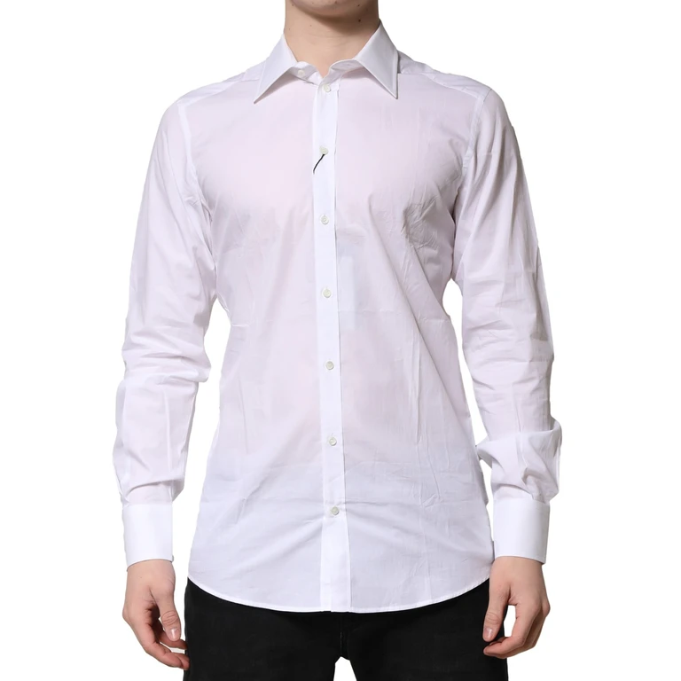 Dolce & Gabbana White Cotton Long Sleeves Gold Formal Shirt - Men