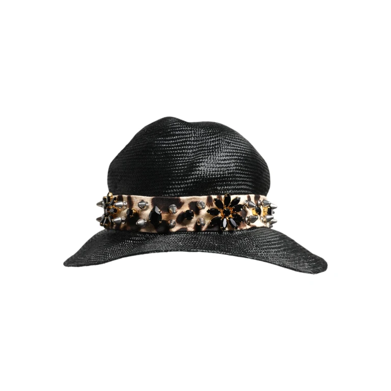 Dolce & Gabbana Black Straw Crystal Embellished Wide Brim Hat Cotton Elastane - Women