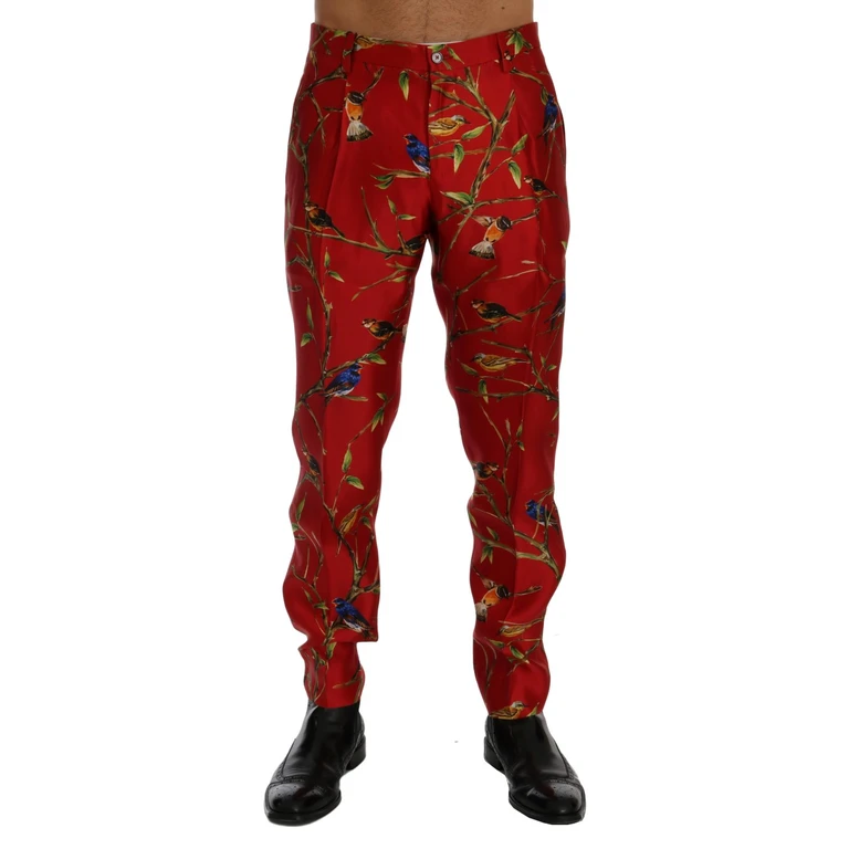 Dolce & Gabbana Red Silk Bird Print Dress Pants - Men
