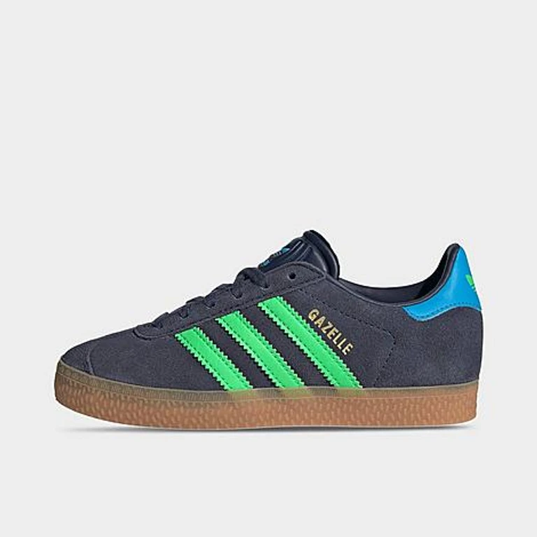 adidas Little Kids Originals Gazelle Casual Shoes in Shadow Navy/Screaming Green/Lucid Aquamarine Size: 2.0