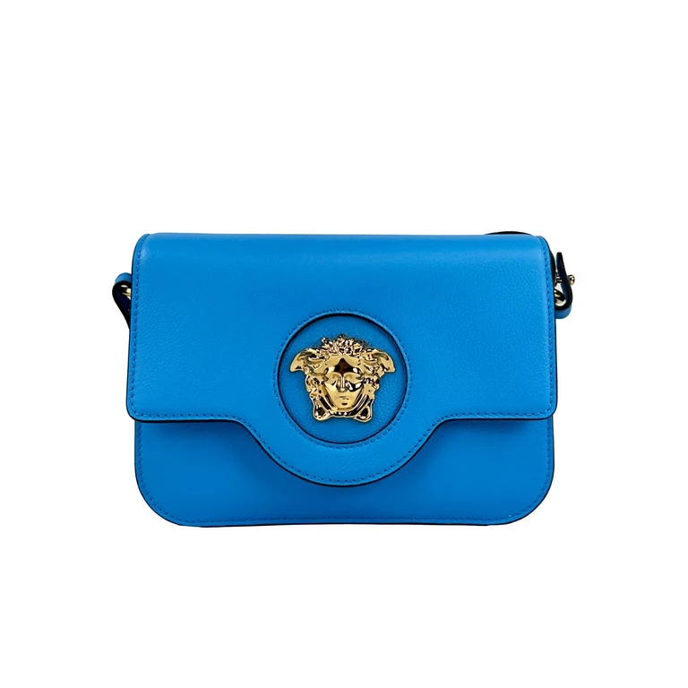 Versace La Medusa Blue Leather Shoulder Crossbody Bag Purse Gold - Women