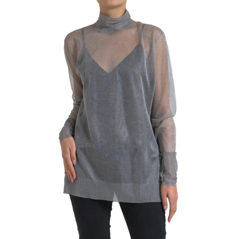 Dolce & Gabbana Gray Mesh Turtleneck Long Sleeve Blouse Top Polyester - Women
