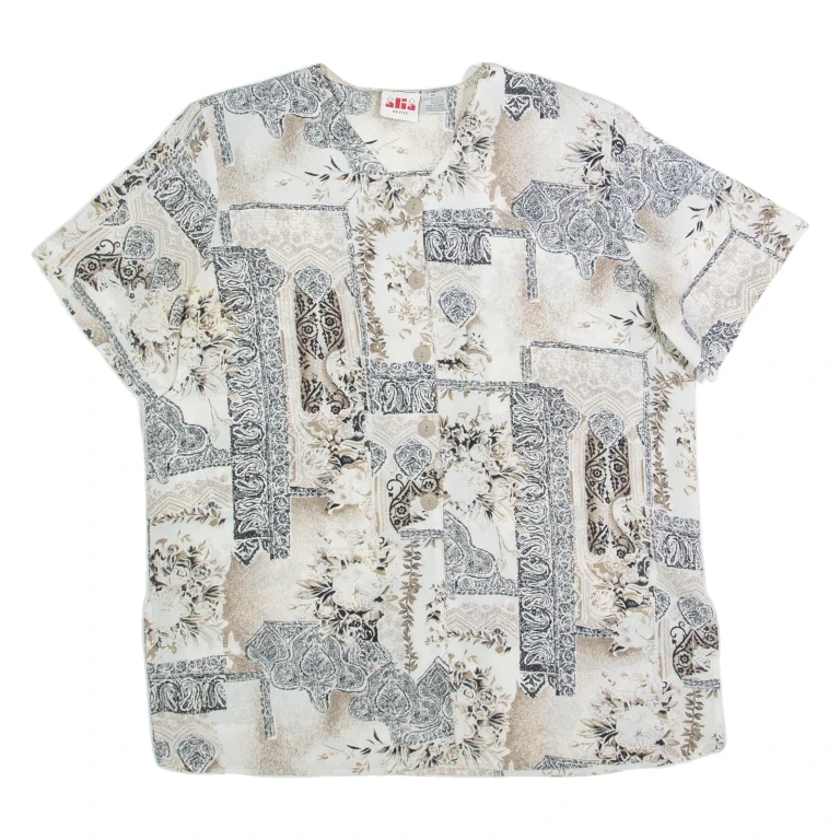 ALIA Petite Womens Printed Shirt Grey 90s Crazy Pattern L