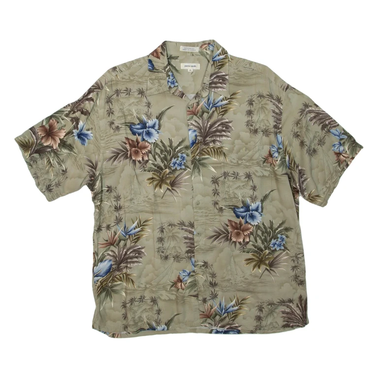 PIERRE CARDIN Mens Hawaiian Shirt Green Floral XL