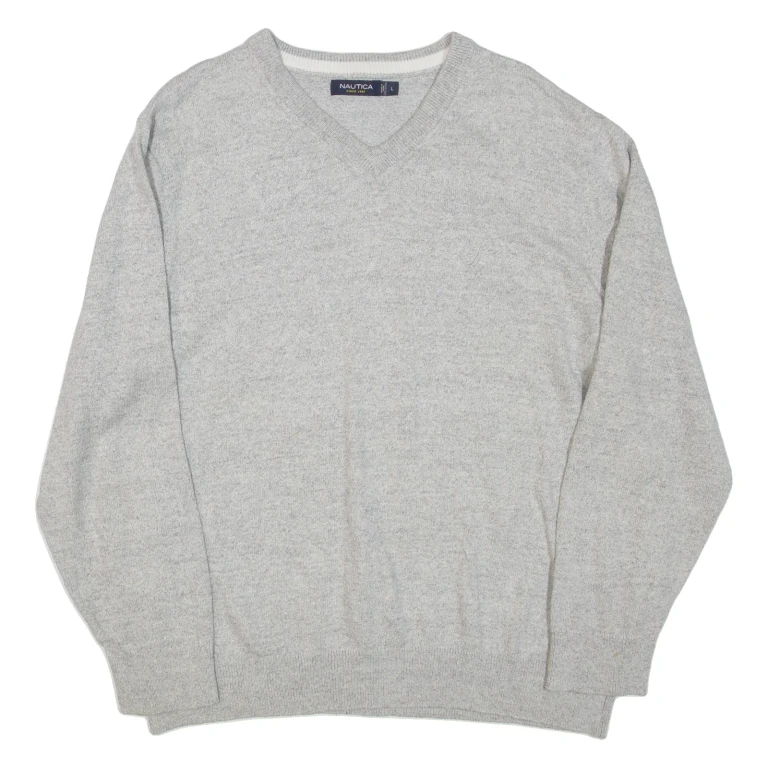 NAUTICA Mens Jumper Grey V-Neck Tight Knit L