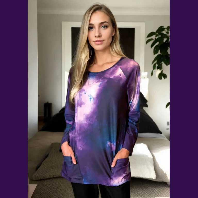 Purple And Blue Abstract Long Sleeve Tunic With Front Pockets
