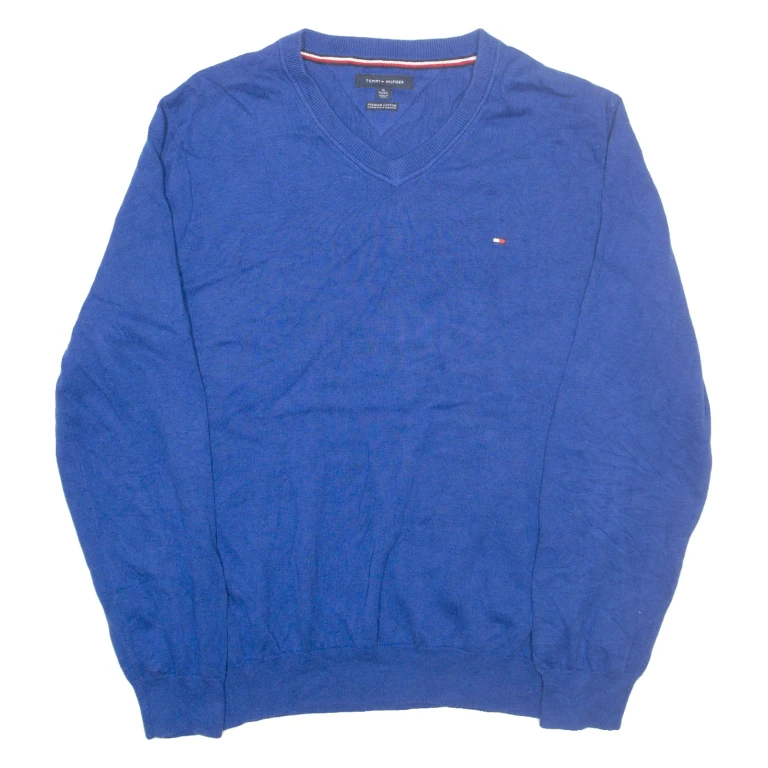TOMMY HILFIGER Mens Jumper Blue V-Neck Tight Knit XL