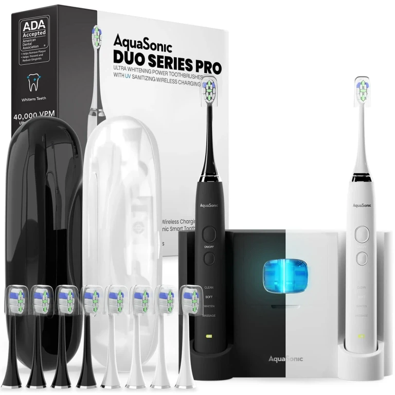 Duo PRO - Dual Handle Whitening Smart Toothbrushes with UV Sanitizing Base, 10 Brush Heads and 2 Travel Cases