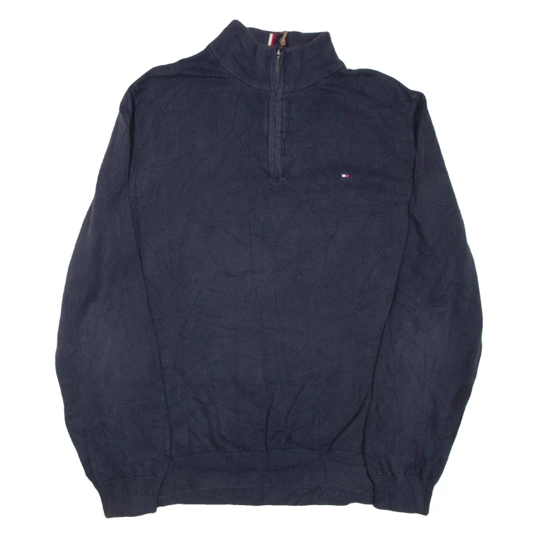 TOMMY HILFIGER Mens Jumper Blue 1/4 Zip Tight Knit XL