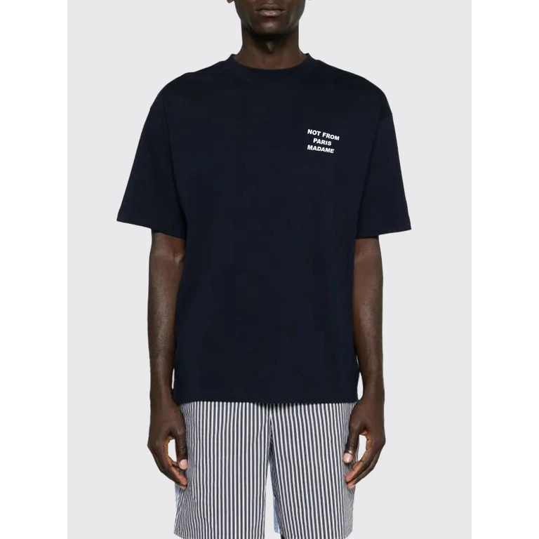 Drôle de Monsieur Crewneck Cotton T-shirt with Logo and Slogan Print (TS203CO002NAVY)