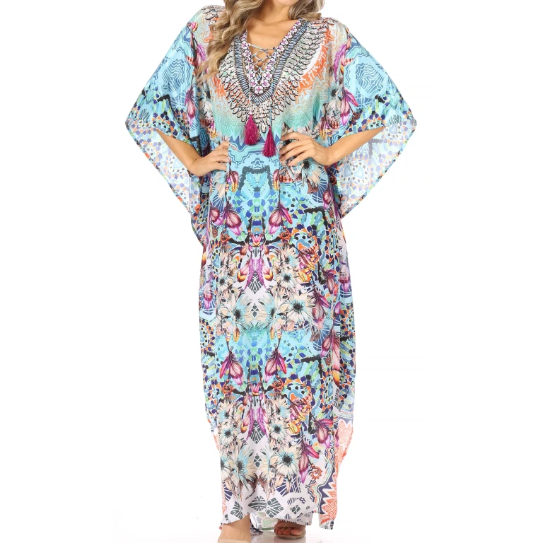 Sakkas Georgettina Flowy Rhinestone V Neck Long Caftan Dress/Cover Up