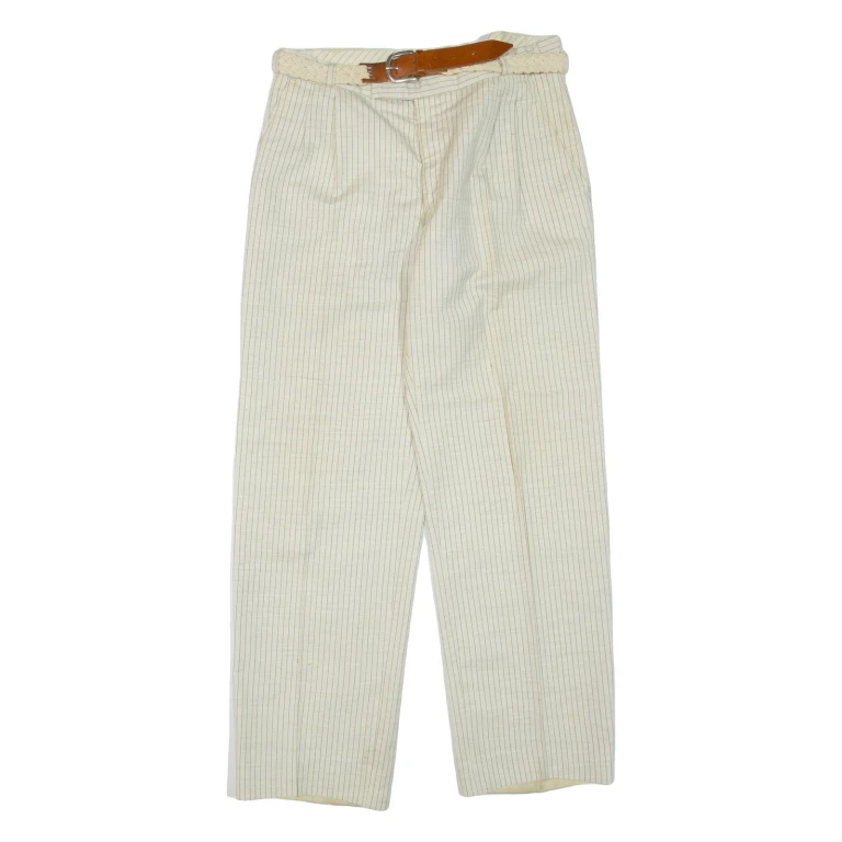 Belted Striped Womens Trousers Beige Regular Straight W30 L30