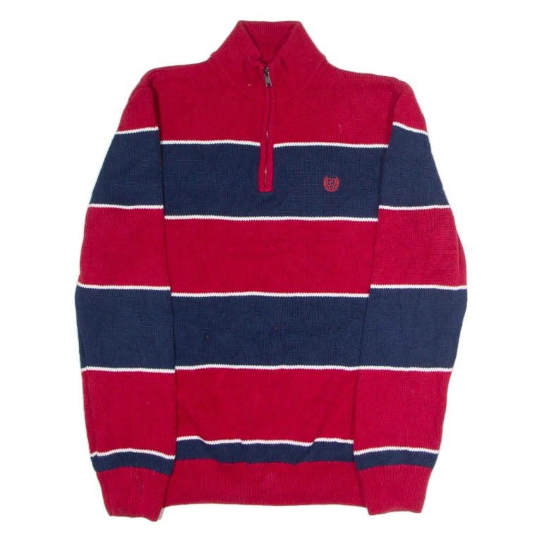 CHAPS Mens Patterned Jumper Red Striped 1/4 Zip Tight Knit M