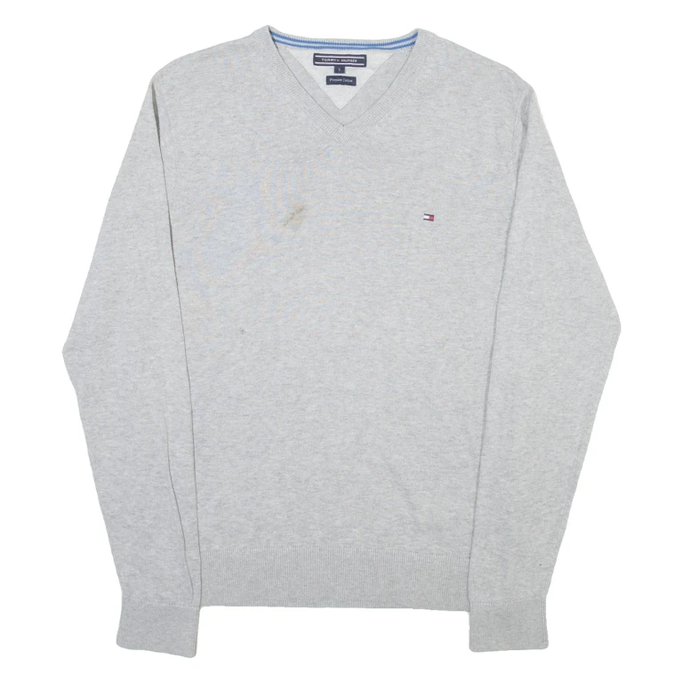 TOMMY HILFIGER Mens Jumper Grey V-Neck Tight Knit S