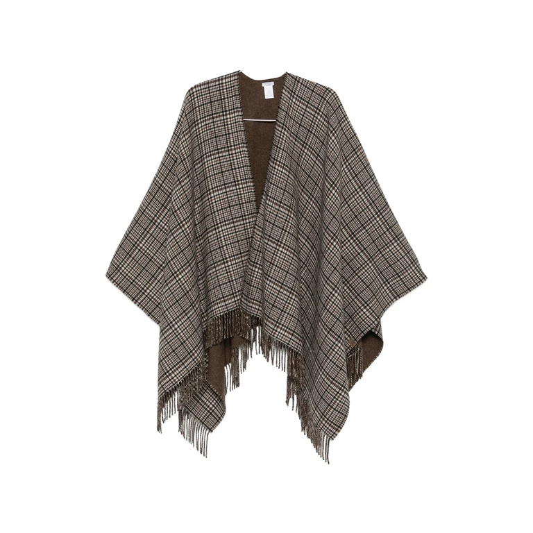 Check-pattern Fringed Poncho