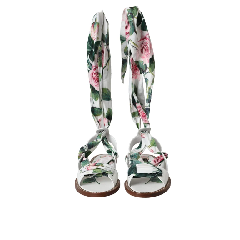 Dolce & Gabbana Multicolor Floral Print Ankle Wrap Sandals Shoes Calf Leather Cotton - Women