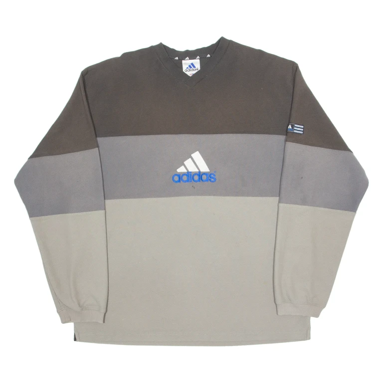 ADIDAS Mens T-Shirt Grey Long Sleeve 90s V-Neck L