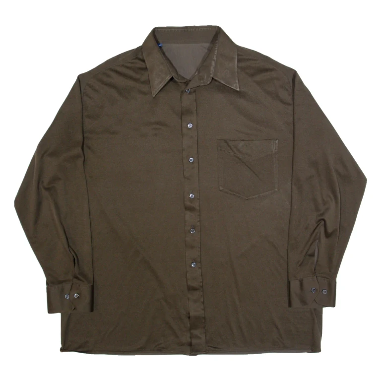 Mens Plain Shirt Brown 90s Long Sleeve L
