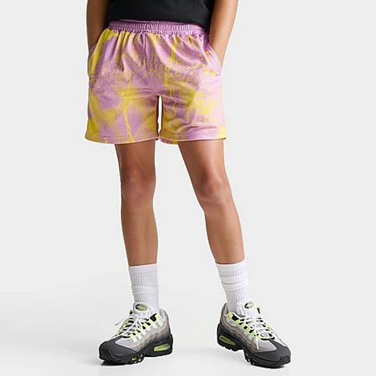 Big Kids Retro Graffiti Mesh Shorts in Pink/Yellow Size: Small