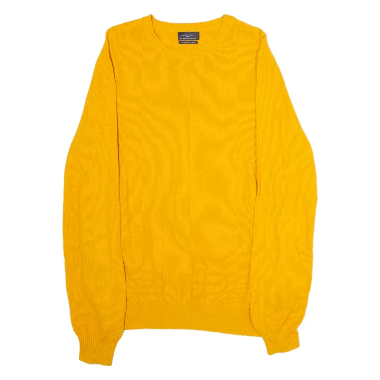 ZARA Mens Jumper Yellow Crew Neck Waffle Knit Silk L