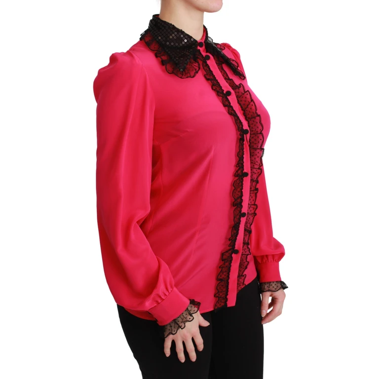 Dolce & Gabbana Pink Silk Black Sequin Lace Shirt Blouse - Women