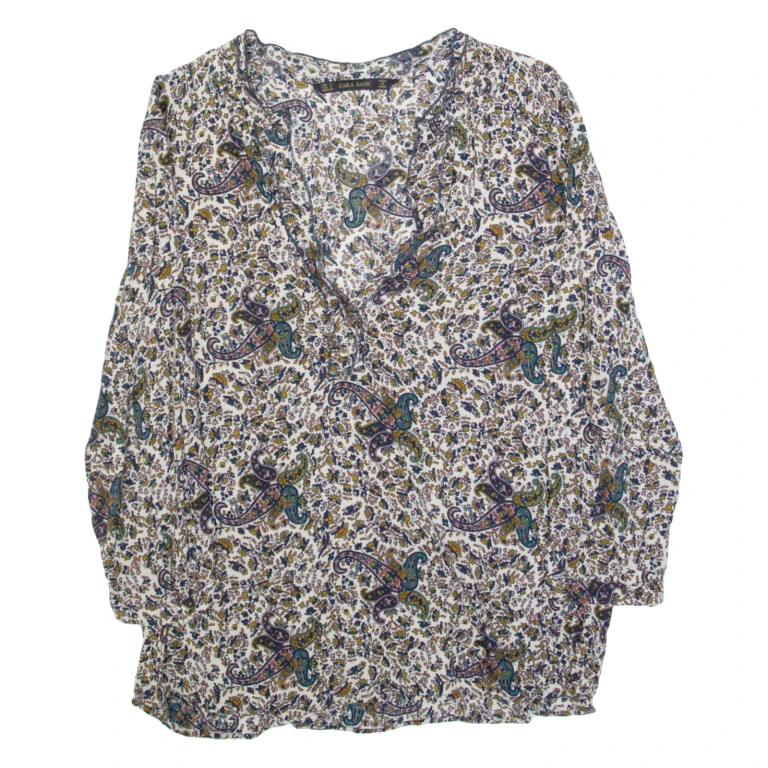 ZARA BASIC Womens Printed Blouse Cream V-Neck Long Sleeve Paisley XS