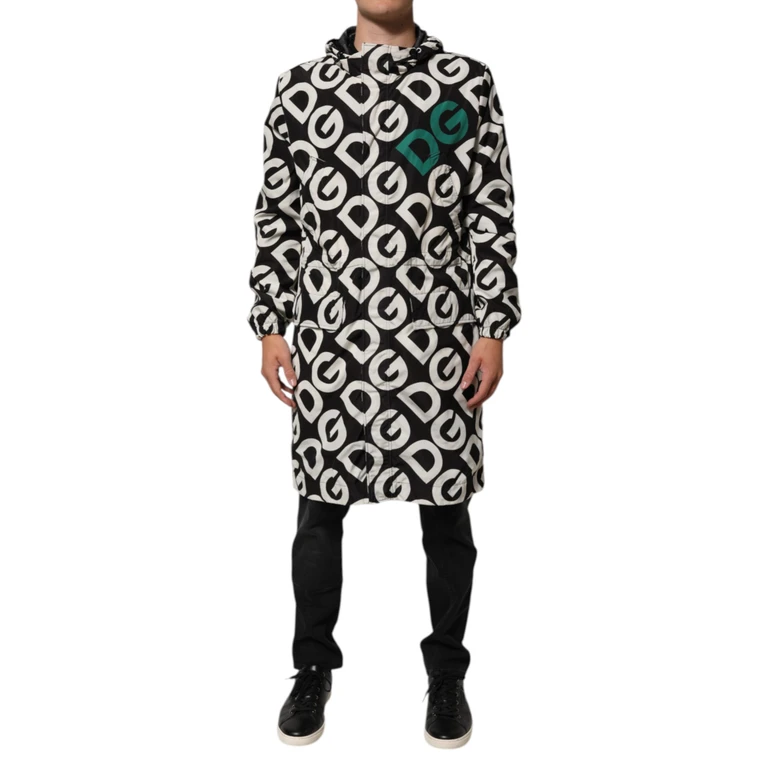 Black White Logo Print Hooded Coat Men Jacket And Polyester Clothing - Men