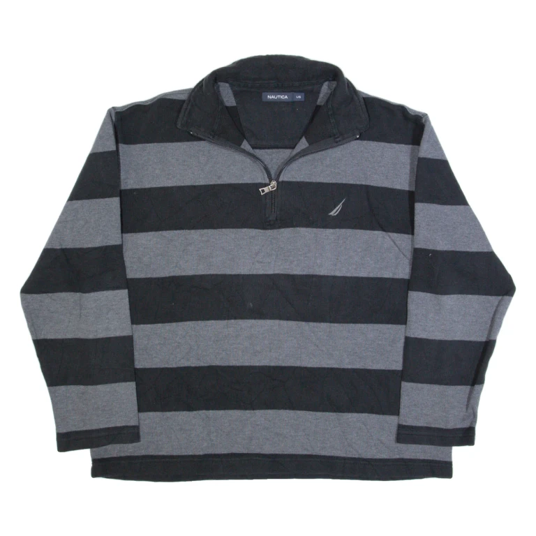 NAUTICA Mens Patterned Jumper Grey Striped 1/4 Zip Tight Knit L