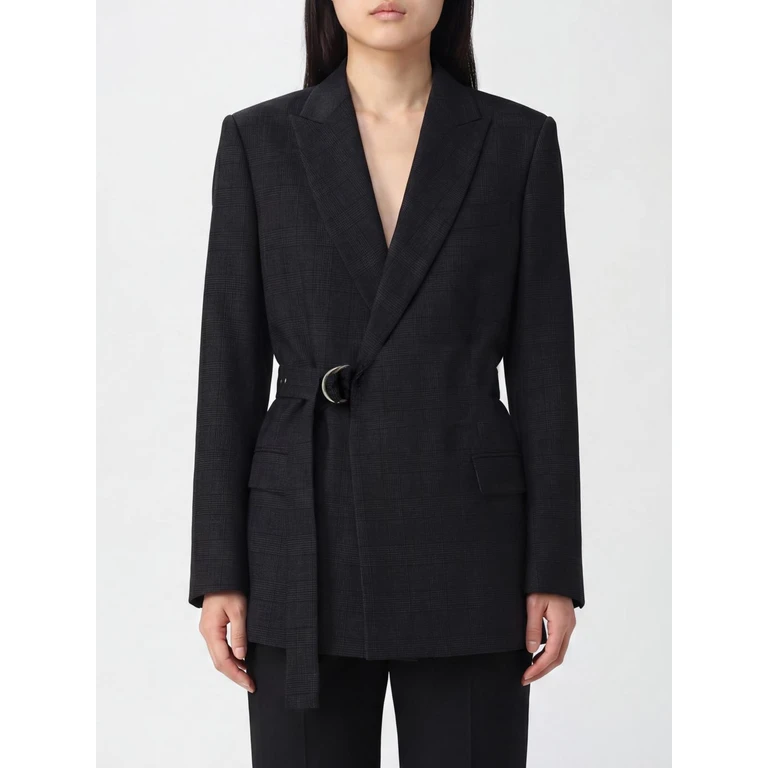 Prince of Wales Wool Double-Breasted Blazer with Wrap Closure (S359Y03XABDARKGREY)