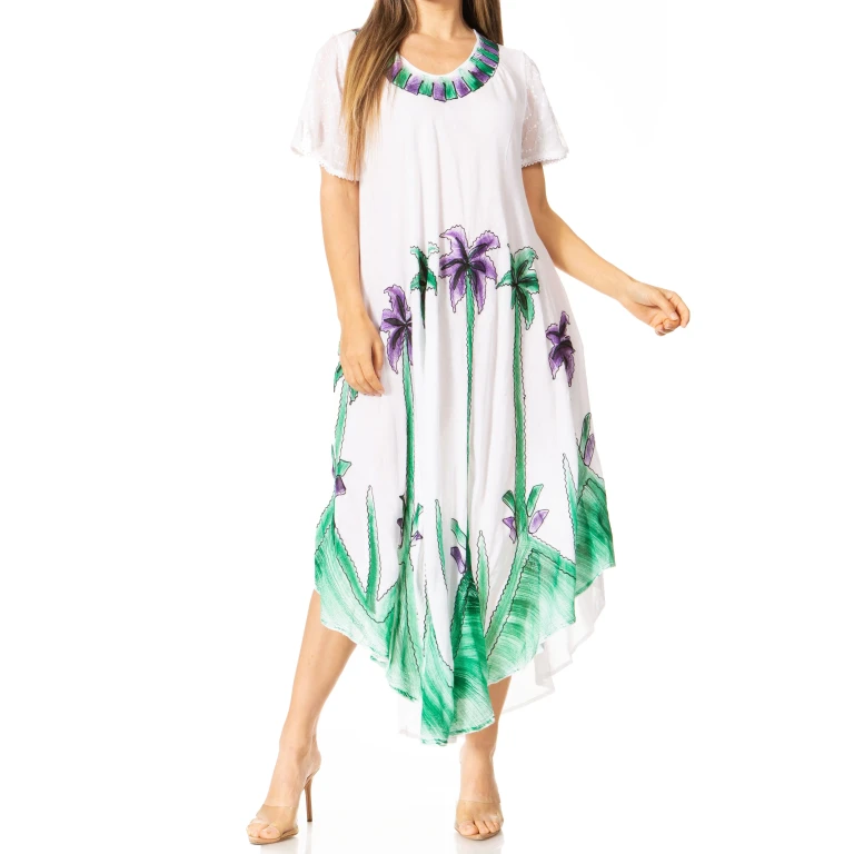 Sakkas Watercolor Palm Tree Tank Caftan Dress